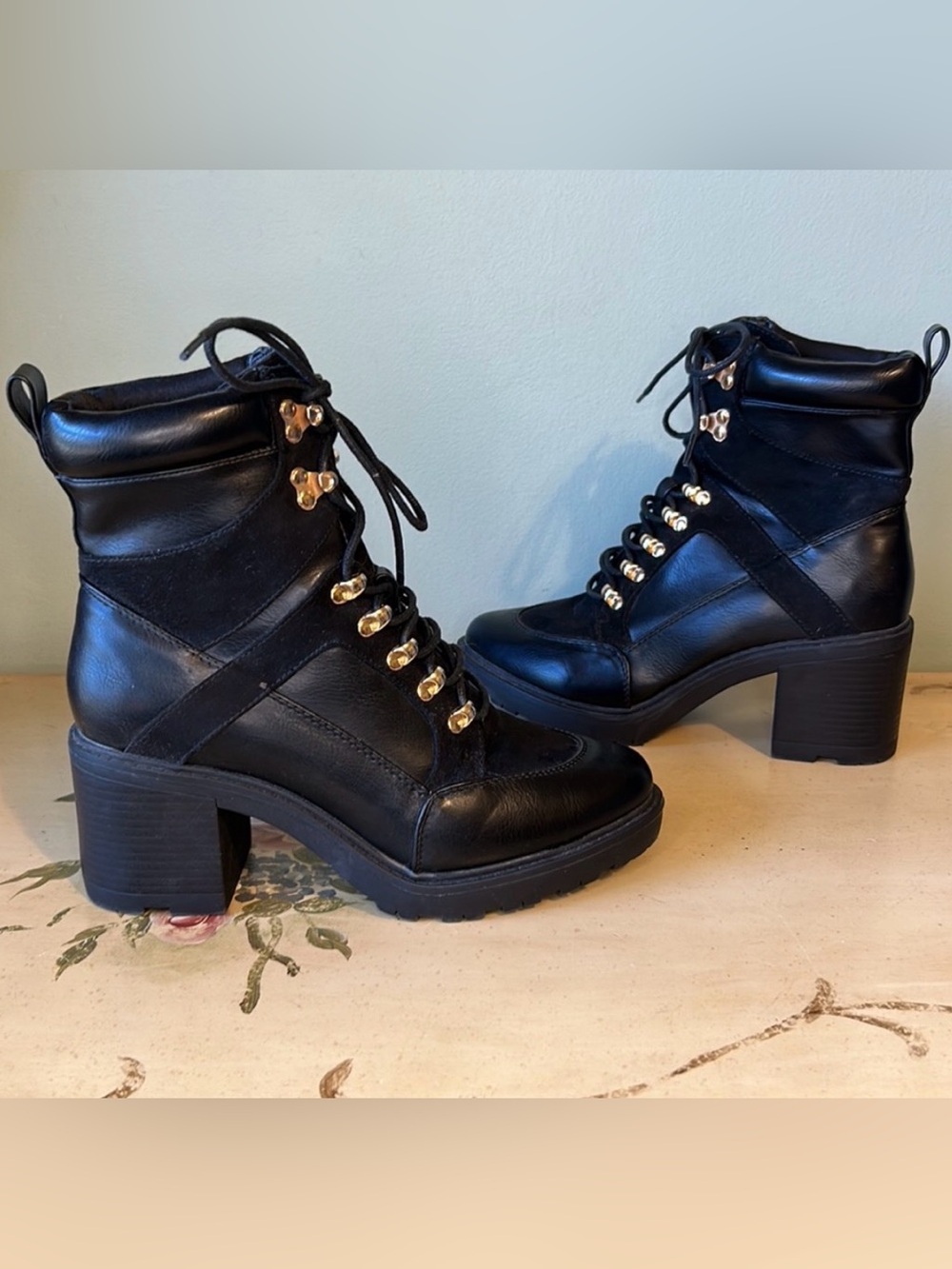 Black Faux Suede Leather Lace Up Combat Military Chunky Heeled Boots